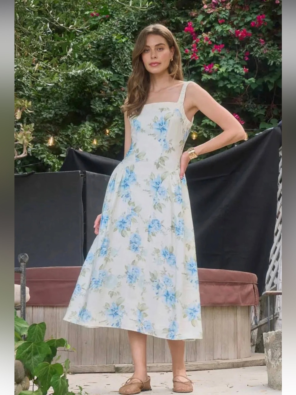 moon river cream & blue floral print square neck midi summer sun dress small NEW